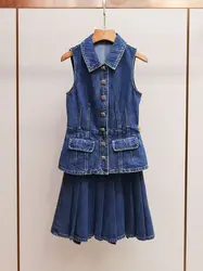 Women Denim Set Turn-down Collar Sleeveless Single Breasted Jacket or Pleated High Waist A-Line Mini Skirt