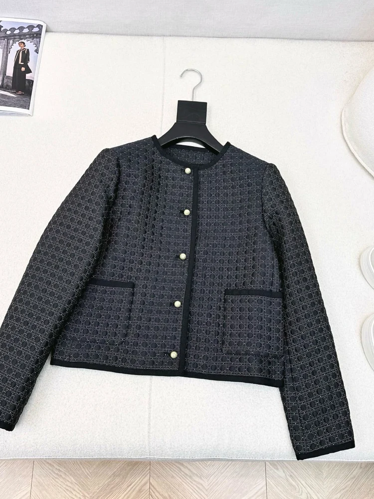 

Новое поступление 2025, модная офисная женская однотонная однобортная стандартная пуговица, осенне-зимняя вязаная женская черная куртка