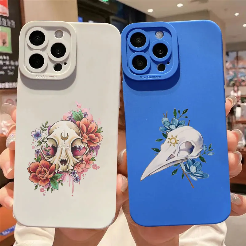 Fashin Skeleton Skull Flowers Pattern Phone Case For iPhone 13 12 Pro Max 14 11 Pro Max XR X XS 7 8 Plus SE2 Soft Silicone Cover