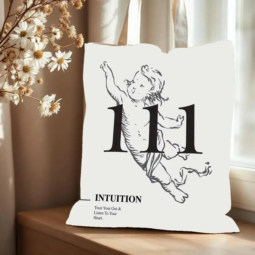 Angel Number Storage Bags Canvas Tote Bag Large Capacity Double-Sided Print Reusable Shopping Bag Eco-Friendly Shoulder Bag