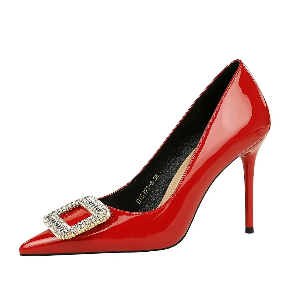 النساء 10 سنتيمتر عالية الكعب خنجر مضخات أشار تو الأسود عارية بلينغ الكعوب سيدة معدنية حجر الراين مشبك الزفاف الحدث الكعوب الأحذية #6