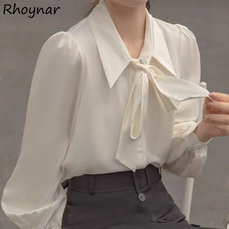 

Shirts Women Autumn Chiffon Fashion Classy Bow Solid Simple Korean Style Basic All-match Casual Tender S-3XL Newest Cozy College