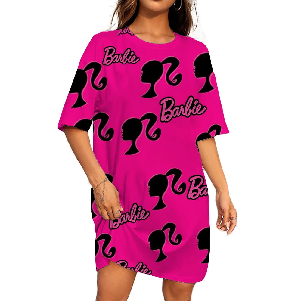 

Elegant Barbie Princess print women's summer short sleeved round neck loose mini dress Bohemian casual beach party dress