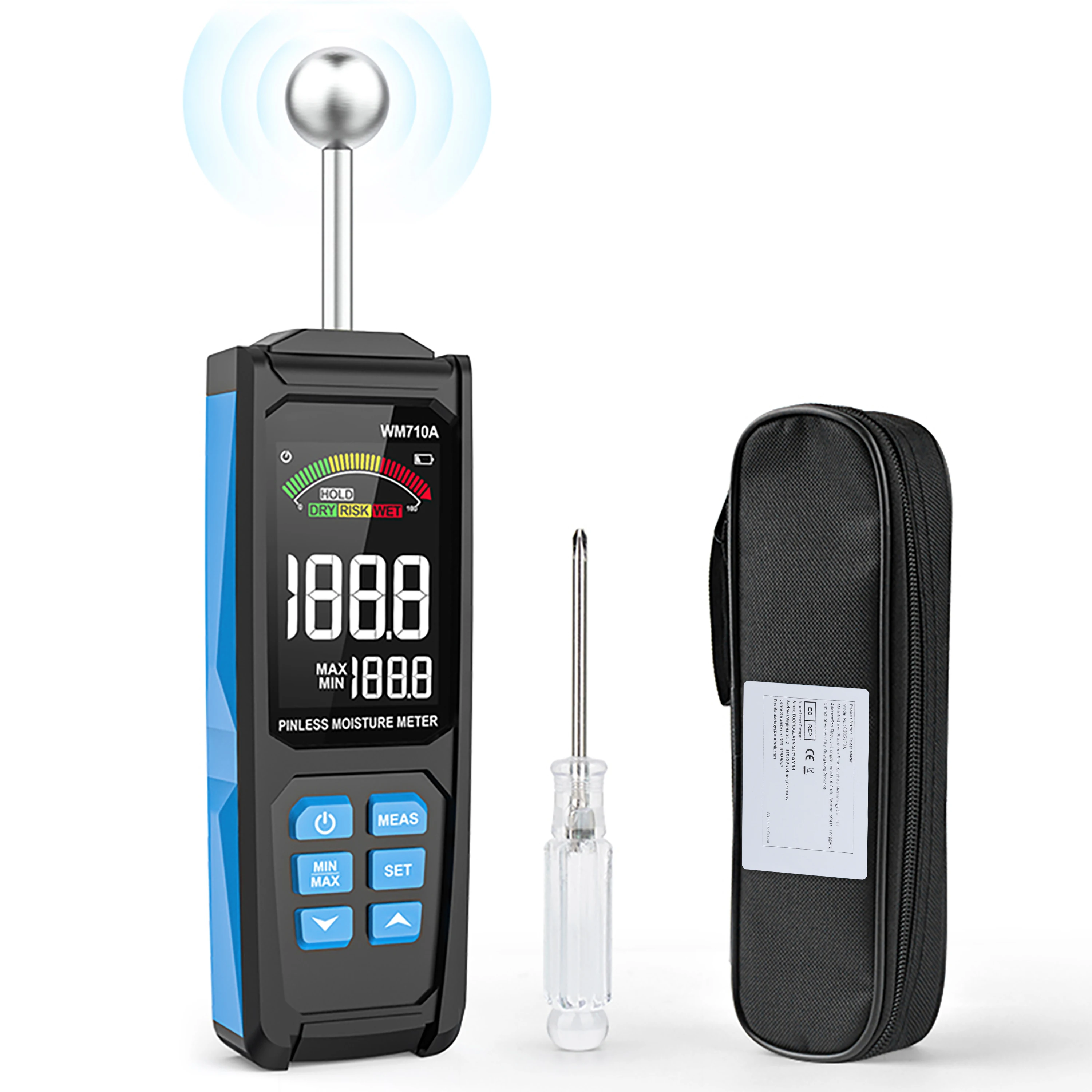 WM710A Digital Wood Moisture Meter Non-destructive Spherical Hygrometer Record Humidity Auto Detect Wettest Timber Damp Detector