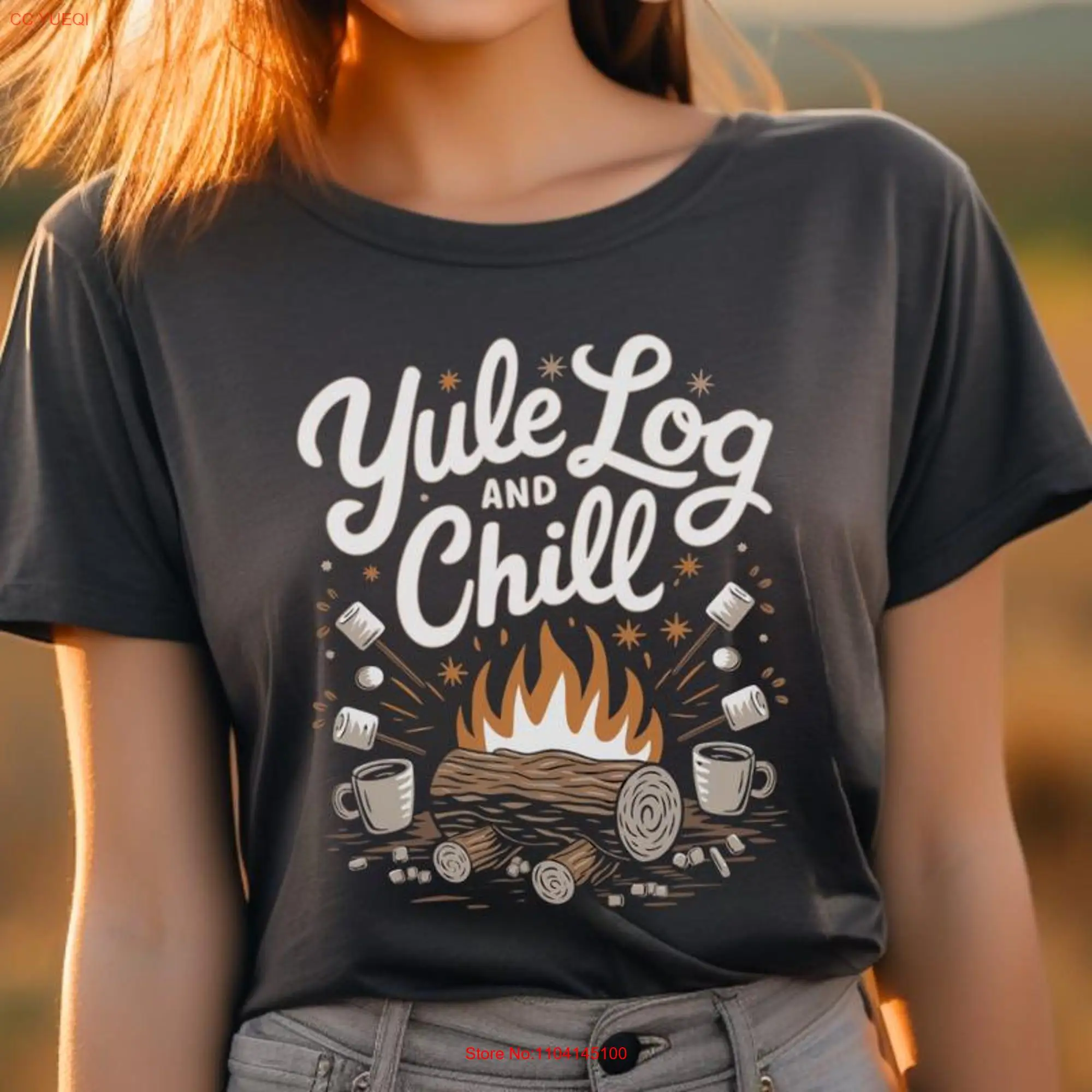 Yule Log and Chill T Shirt Burning Fire Marshmallow Design Christmas Holiday Apparel Cozy Winter Festive