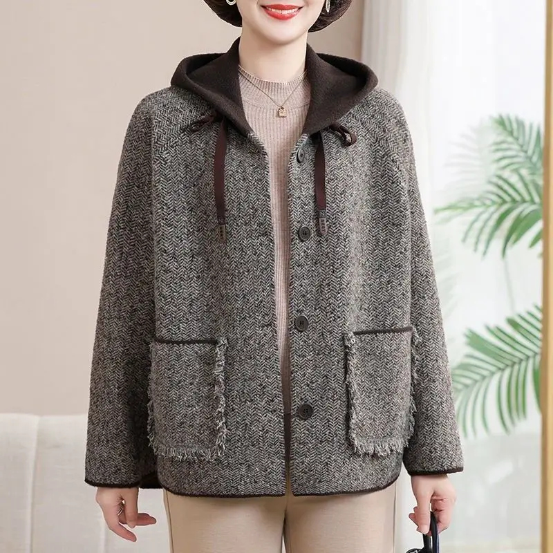 

Middle-aged Mother New Double-sided Woolen Cardigan Jacket Autumn Winter Loose Hooded Fashion Wool Coats Women Casual Outwear