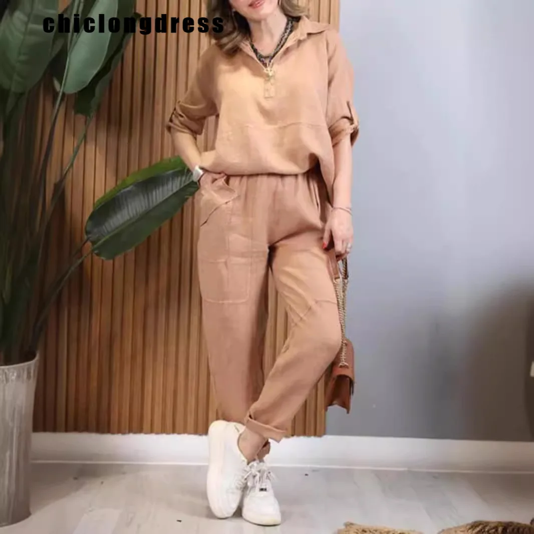 

Summer Casual Cotton Linen Two Piece Set Women Fashion Solid Lapel Tshirt Drawstring Pants Two Piece Set Women