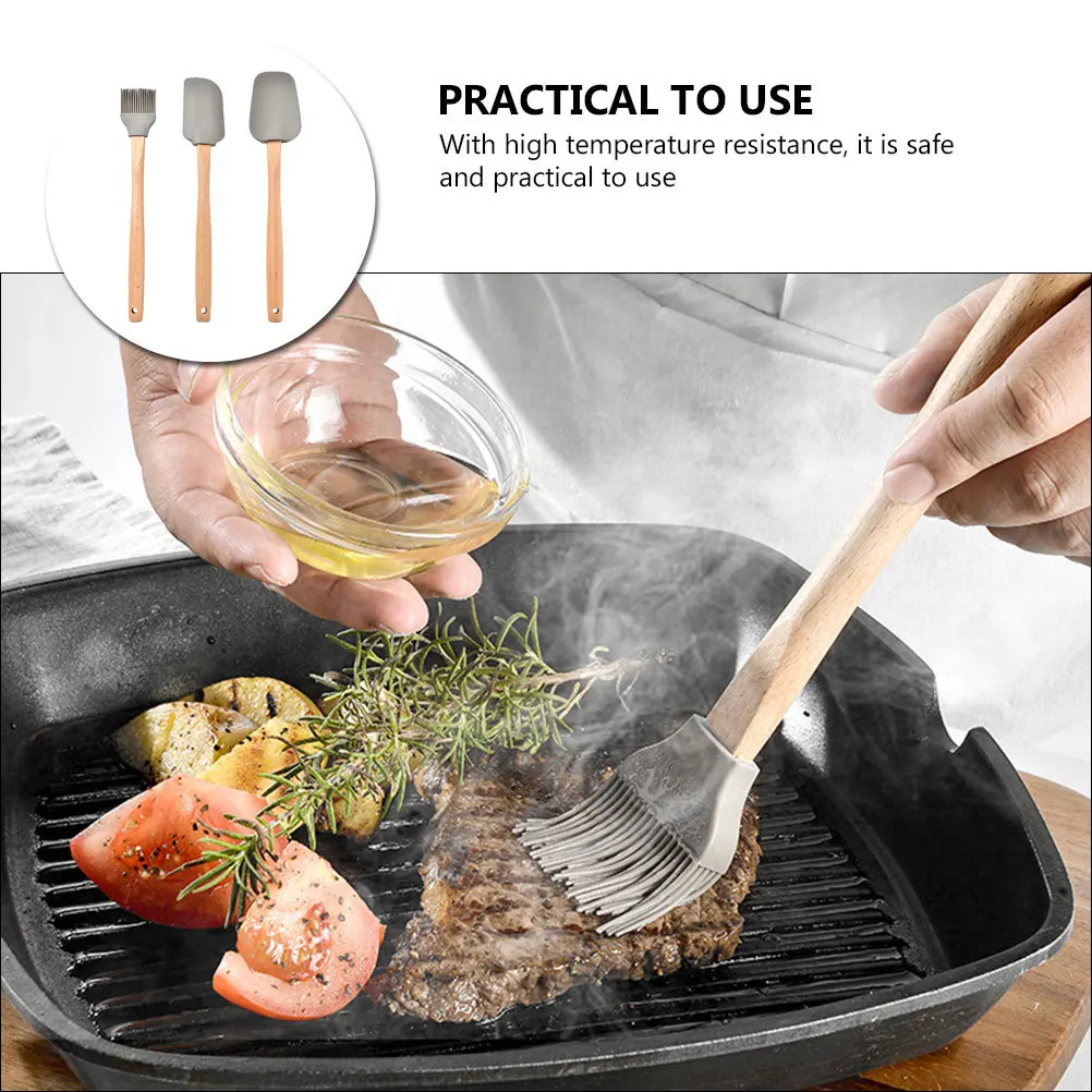 

3Pcs Silicone Baking Tools Set Wooden Handle Scraper Cream Spatula Reusable Barbecue Cooking Supplies Silicone Spatula