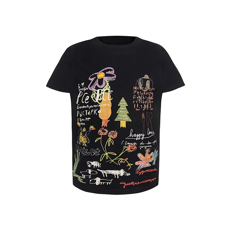 

2026 Summer Fashionable Slimming Loose Casual Off-the-shoulder Top Pure Cotton Fashion Dopamine Graffiti Short-sleeved for Women