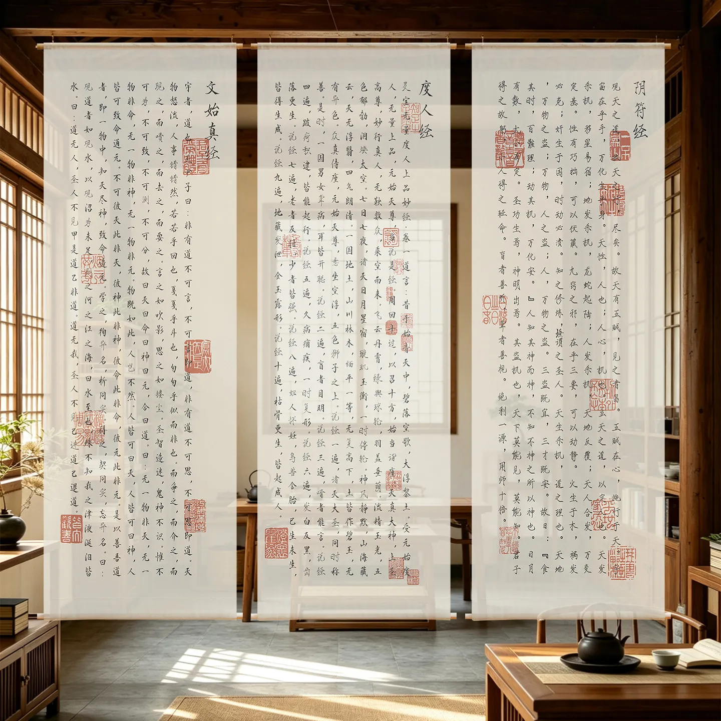 Zen Room hanging room divider - Taoist Scripture Semi Transparent Gauze Tapestry, for Tea Room & Meditation Space Decor