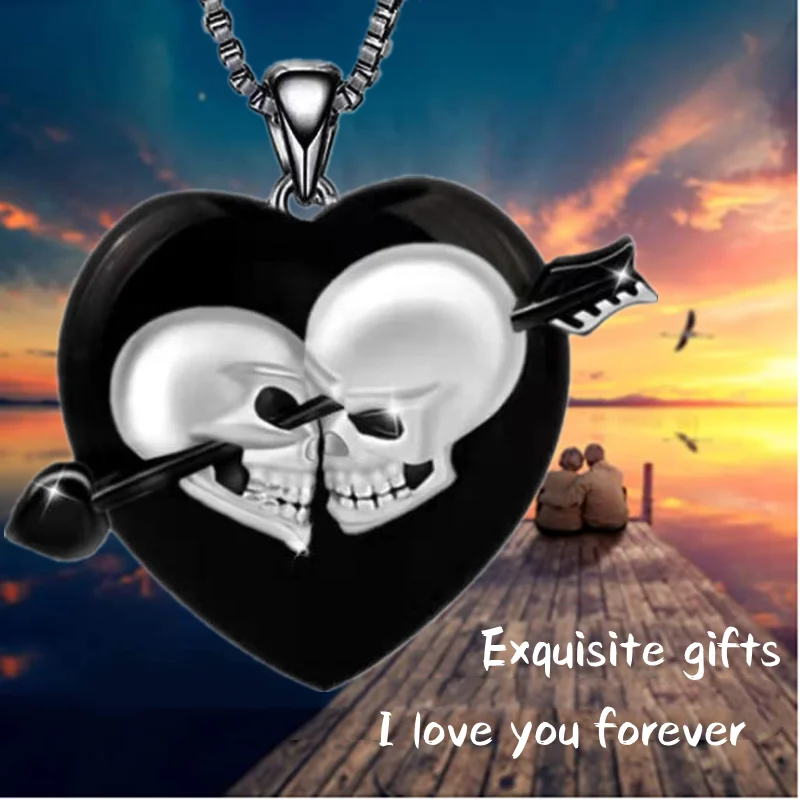 Fashion Heart Gothic Skull Black Pendant Necklace Creative Necklace Women's Stainless Steel Jewelry Halloween Anniversary Gift