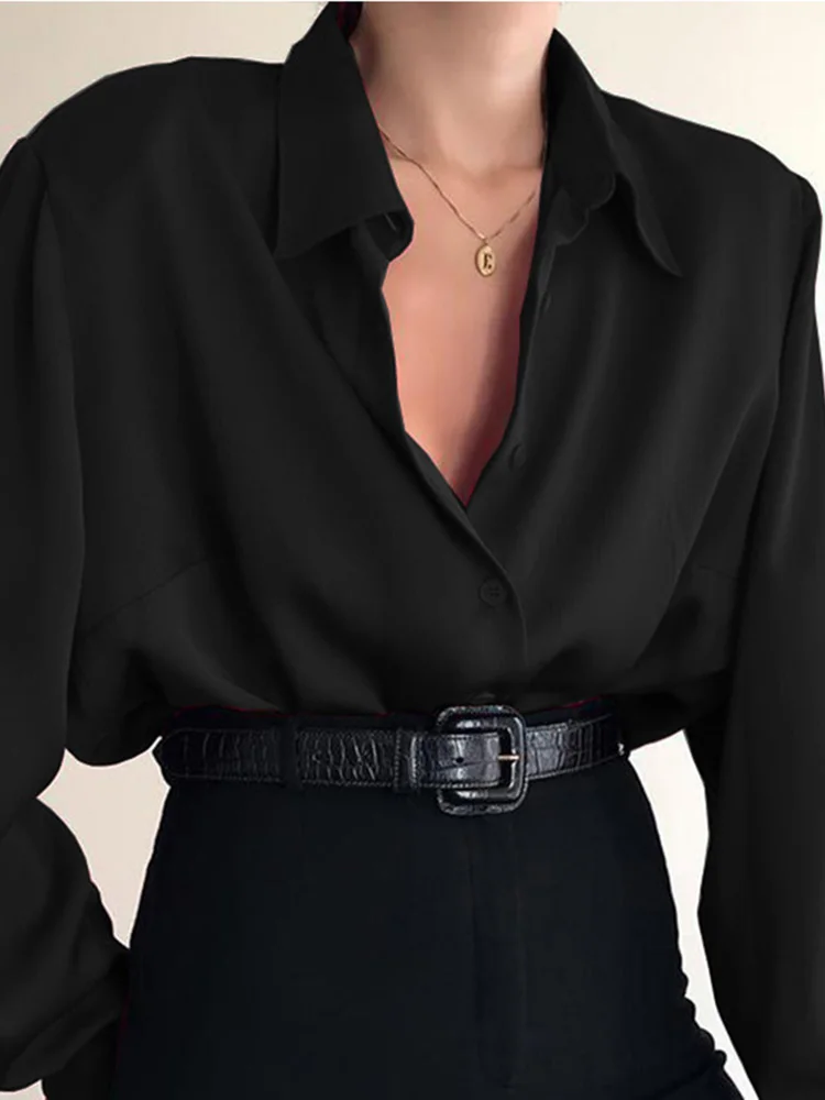 Women Button Blouses Turn Down Collar Shirts Office Lady Long Sleeve Casual Blouse Loose OL Shirt Baggy Tops Red/Wine Red /Black