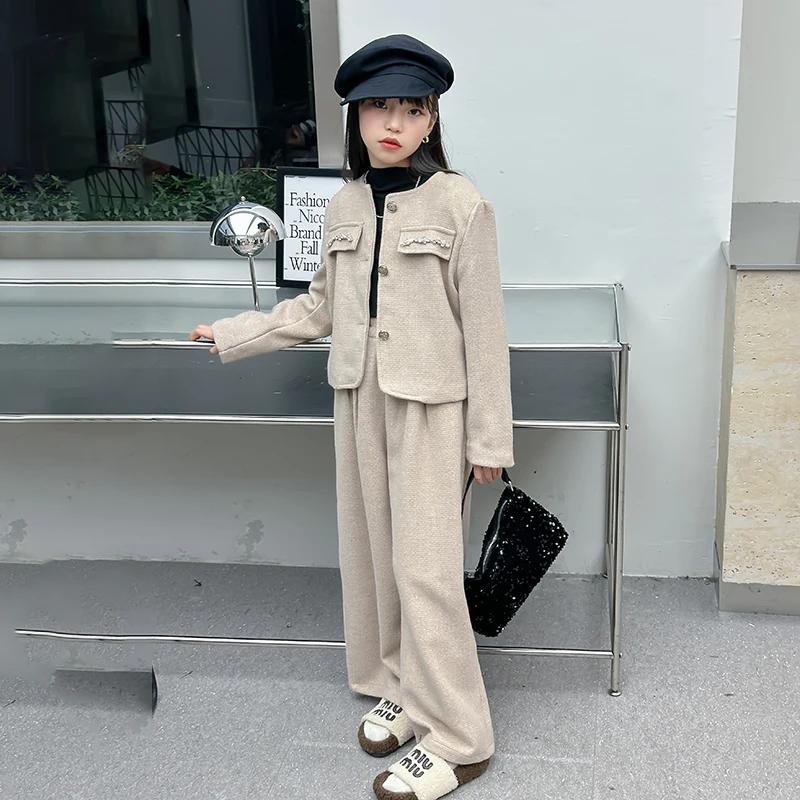 autumn Design teenage girls woole clothes set Round neck coat+Wide leg pants 2pcs junior kids suit child outfits conjuntos file