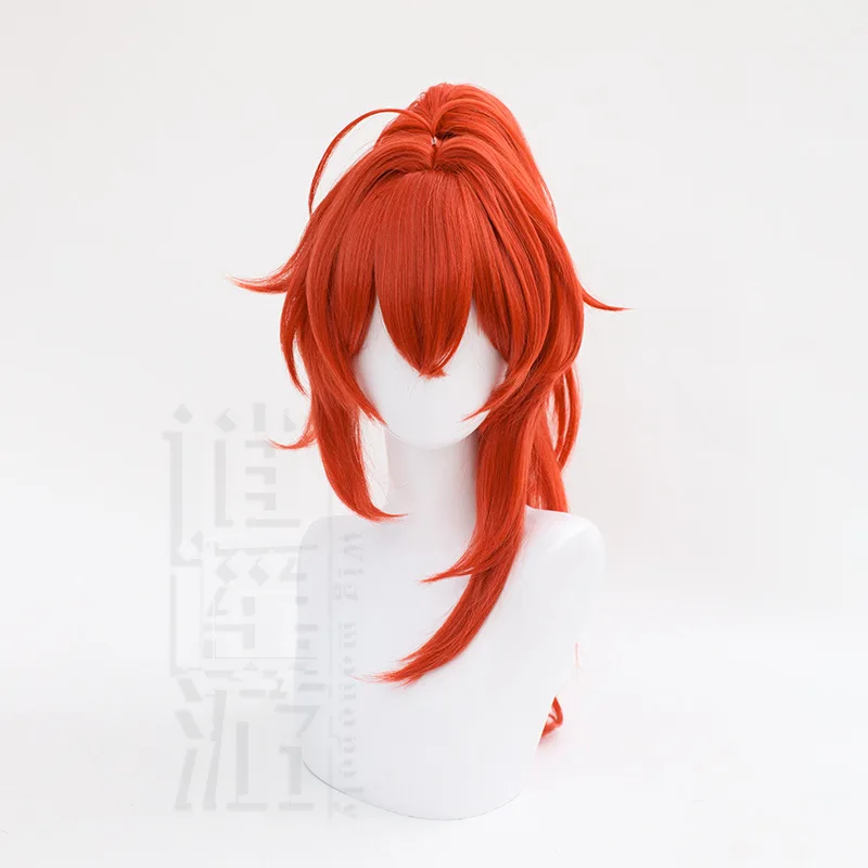 Anime Genshin Impact Diluc Cosplay Wig Dark Red High Ponytail Heat-resistant Synthetic Hair Halloween Party Cosplay Wigs+wig Cap