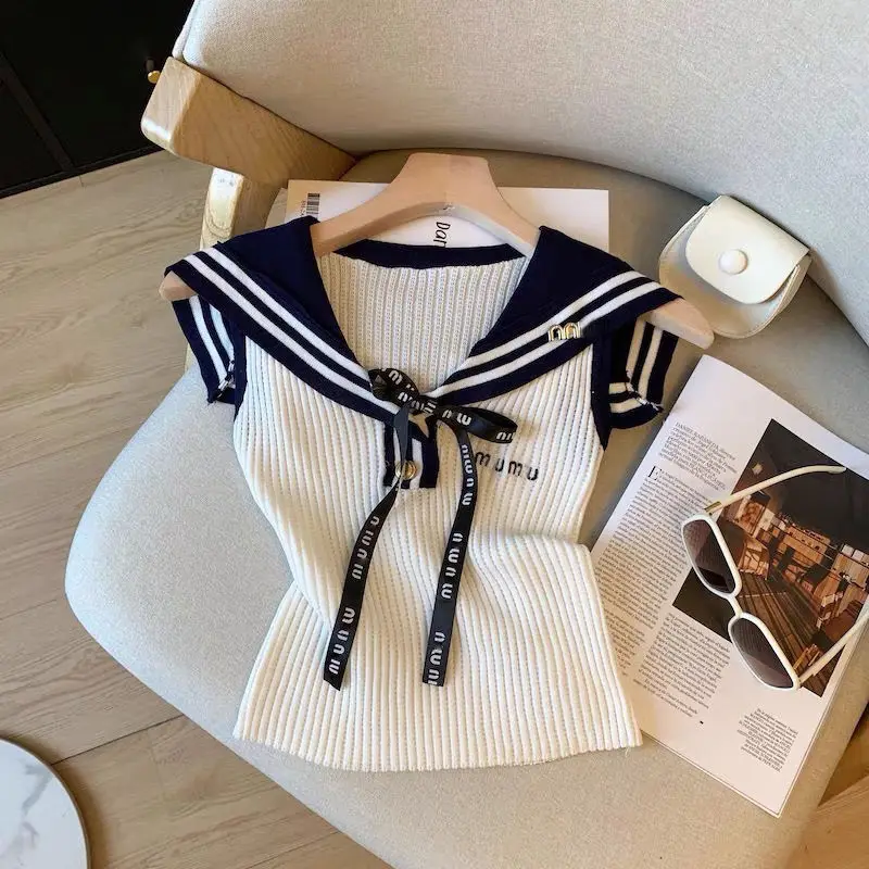 Verão carta bordado tricô regata roupas femininas estilo preppy laço retalhos gola de marinheiro sem mangas pullovers topos