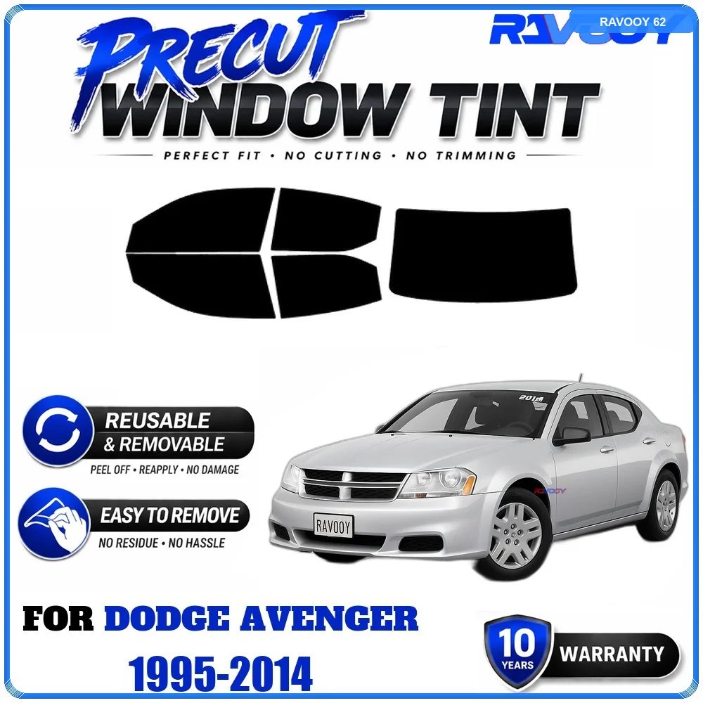 RAVOOY Precut Window Tint, Reusable Removable EPU Film, Custom Fit for Dodge Avenger 1995-2014, UV Heat Protection