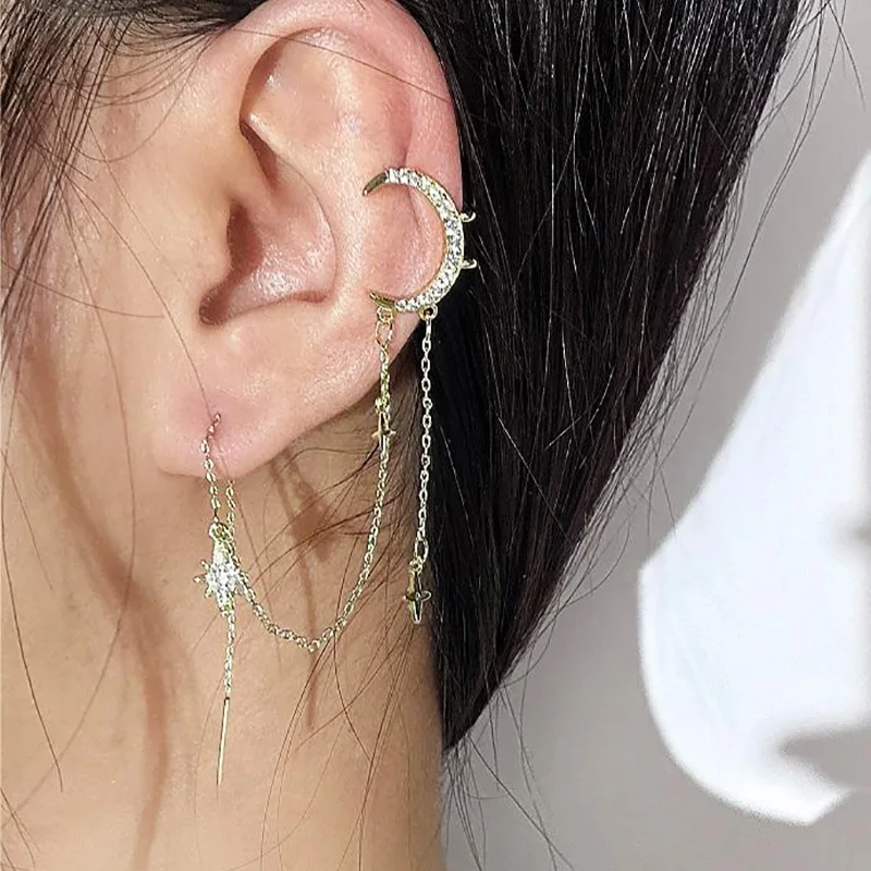 1pc Luxury Moon & Star Long Chain Fake Piercing Earclip Earrings for Women Trendy Earcuff without Hole Y2k Jewelry Gifts KDE125