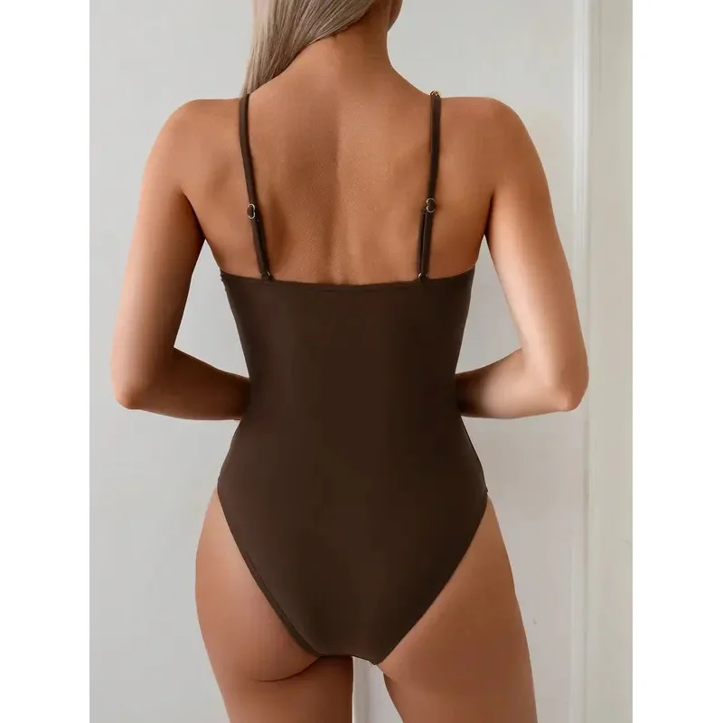 Vintage Black Coffee One Piece Swimsuit 2026 Women Strap Hollow Out Backless Tummy Control Swimwear Beach Pool Bathing Suits