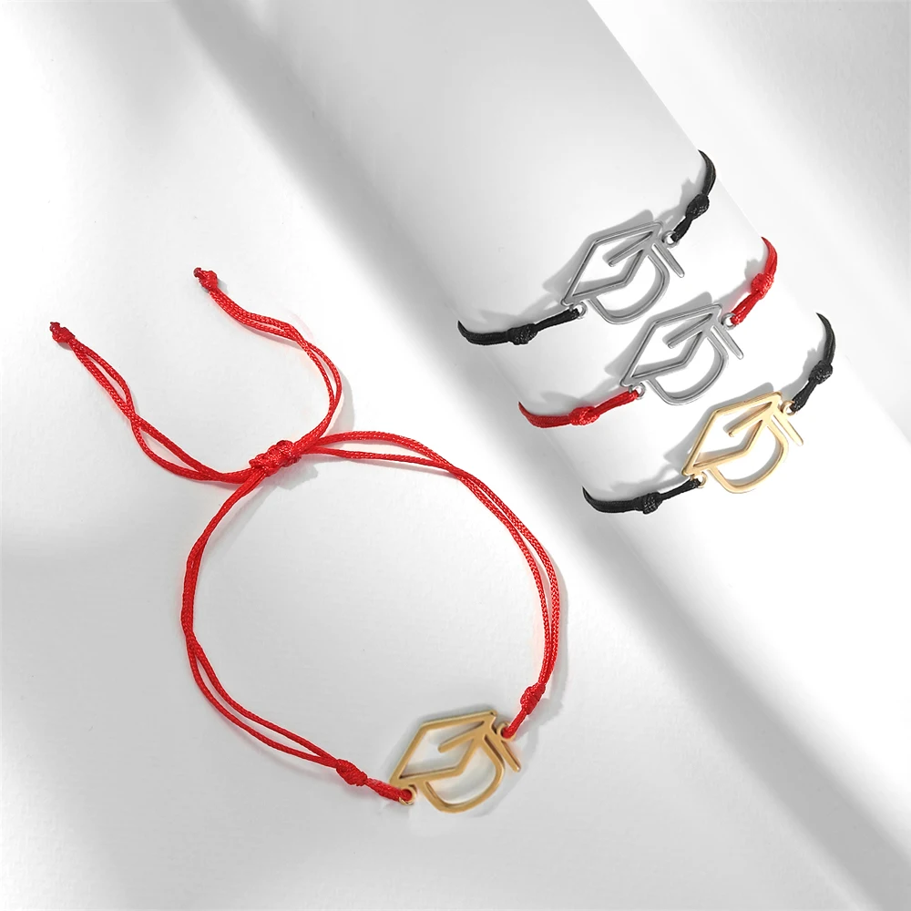 Kkjoy Fashion Stainless Steel Gold Color Bachelor Cap Bracelets Figaro Chain Rope Student Graduation Jewelry Children Gift