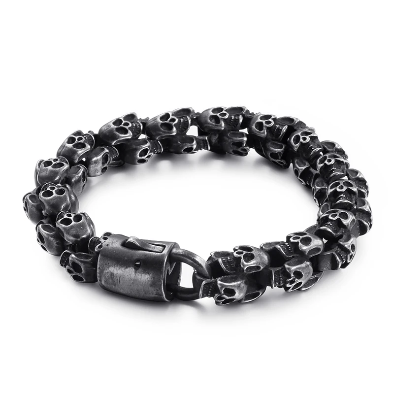 

Fashion Trendy Men Cool All Skeleton 316L Stainless Steel Retro Black Many Skull Chain Bracelets Jewelry