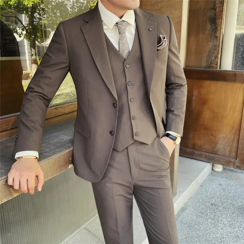 Men's Classic Solid Color Suit Set (Jacket, Vest & Pants) - Durable Anti-Crease Fabric Two-Button Blazer Wedding & Office Wear