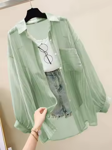 Summer Sunscreen Shirt Elegant Perspective Thin Chiffon Blouse Korean Harajuku See Through Loose Top Casual Women's Cardigan