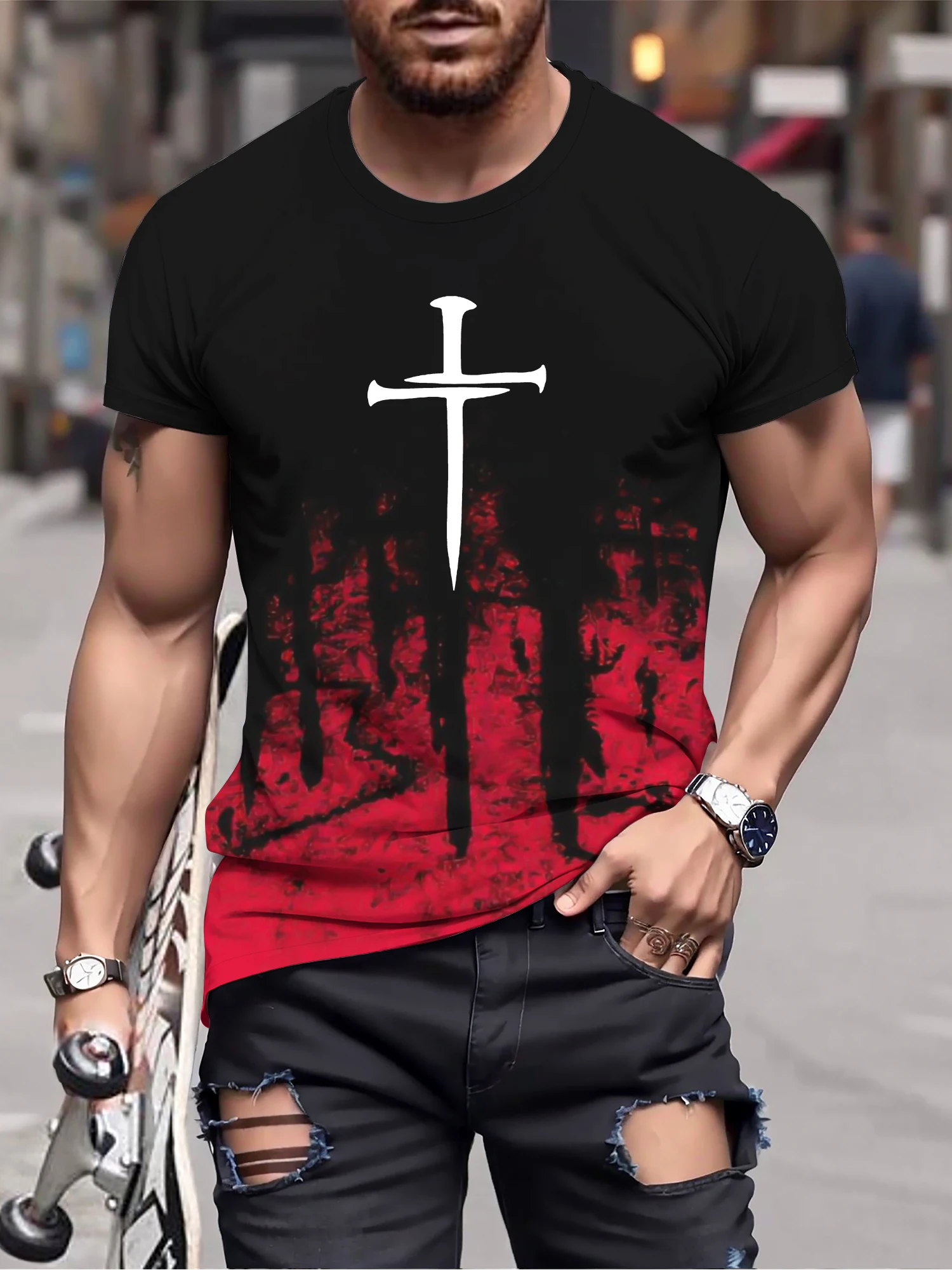 Men's Comfy V-Neck O-shirt Graphic Tee Summer Clothes Outfits Christian Cross Pattern Print ropa pixelada