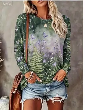 Women Long Sleeve T‑Shirt Gradient Background Watercolor Floral Bird Print Crew Neck Loose Casual Daily Tops
