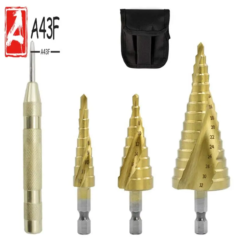 A43F-Spiral Stepped Drill Hexagon Handle 4PC Hexagon Stepped Drill Punching Suit Is Suitable For Plastic And Metal Plates.