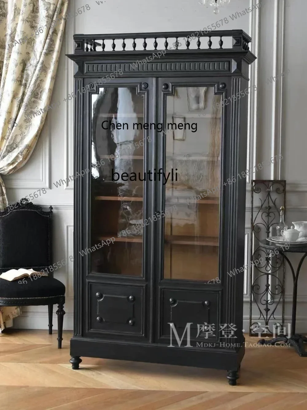 D178 Y American solid wood wine cabinet French bookcase retro glass dining side decoration display cabinet