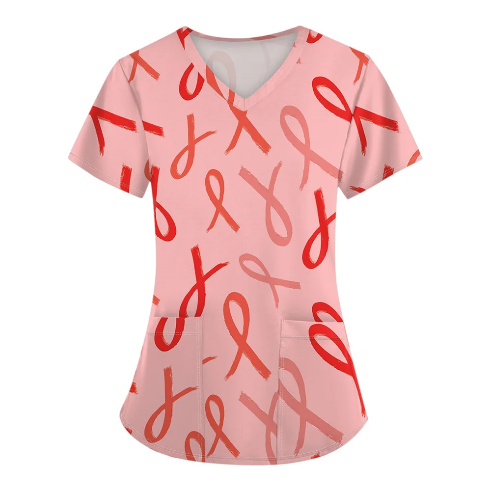 Uniformi chirurgiche Donna Cuore stampato Scollo a V Infermieri Top Manica corta Tasca applicata Uniformi mediche Uniformi chirurgiche Infermieristica