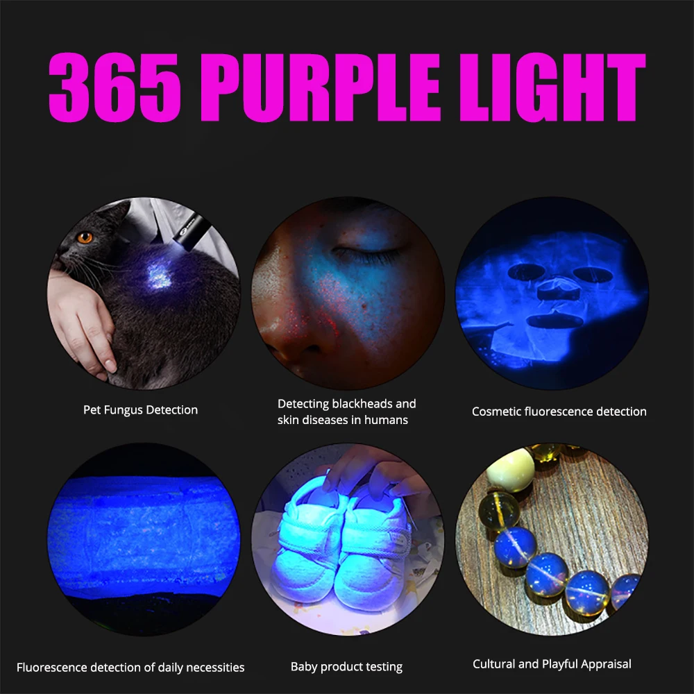 60W High Power UV Flashlight Type-C Rechargeable Portable Waterproof Lantern Black Mirror Purple Light Detection UV Light Torch