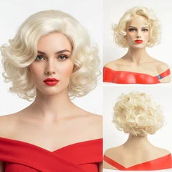 MSIWIGS Wavy Short White Blonde Wigs American African Synthetic Afro Pink Brown Black Fake Hair for Women Free Cap