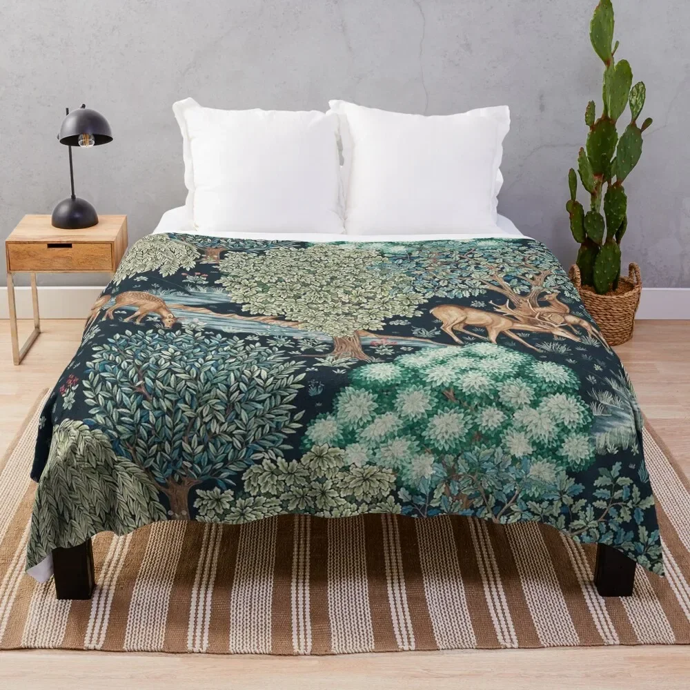 

FOREST ANIMALS, DEERS BY A BROOK Blue Green Floral Throw Blanket Luxury Thicken blankets ands Hair Extra Large Throw Blankets