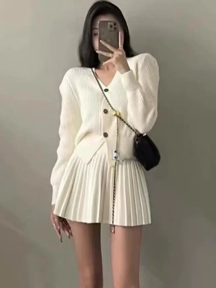 Casual Knitted 2 Piece Set Single Breasted V-neck Top + High Waist Mini Pleated Skirt Autumn Spring Korean Fashion Solid Outfits