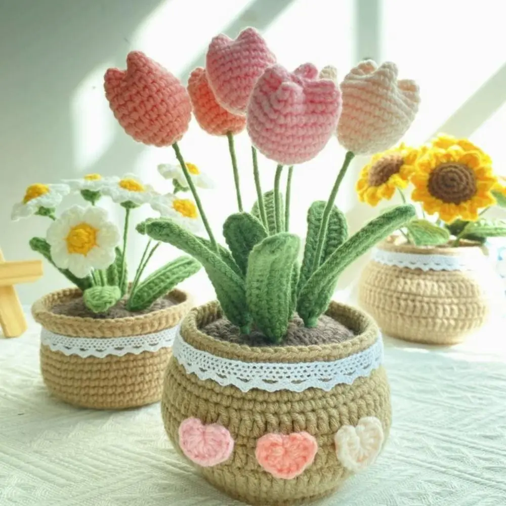 Handmade Tulip Potted Flower Bundle Decoration DIY Crochet Material Bag Self Made Decoration