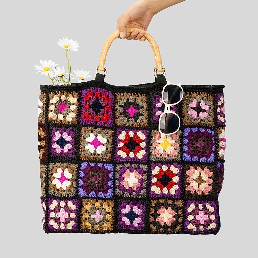 Vintage Crochet Granny Square Tote Bag Designer Bamboon Handle Women Handbags Knitted Handmade Woven Big Shopper Purses 2023 Bag