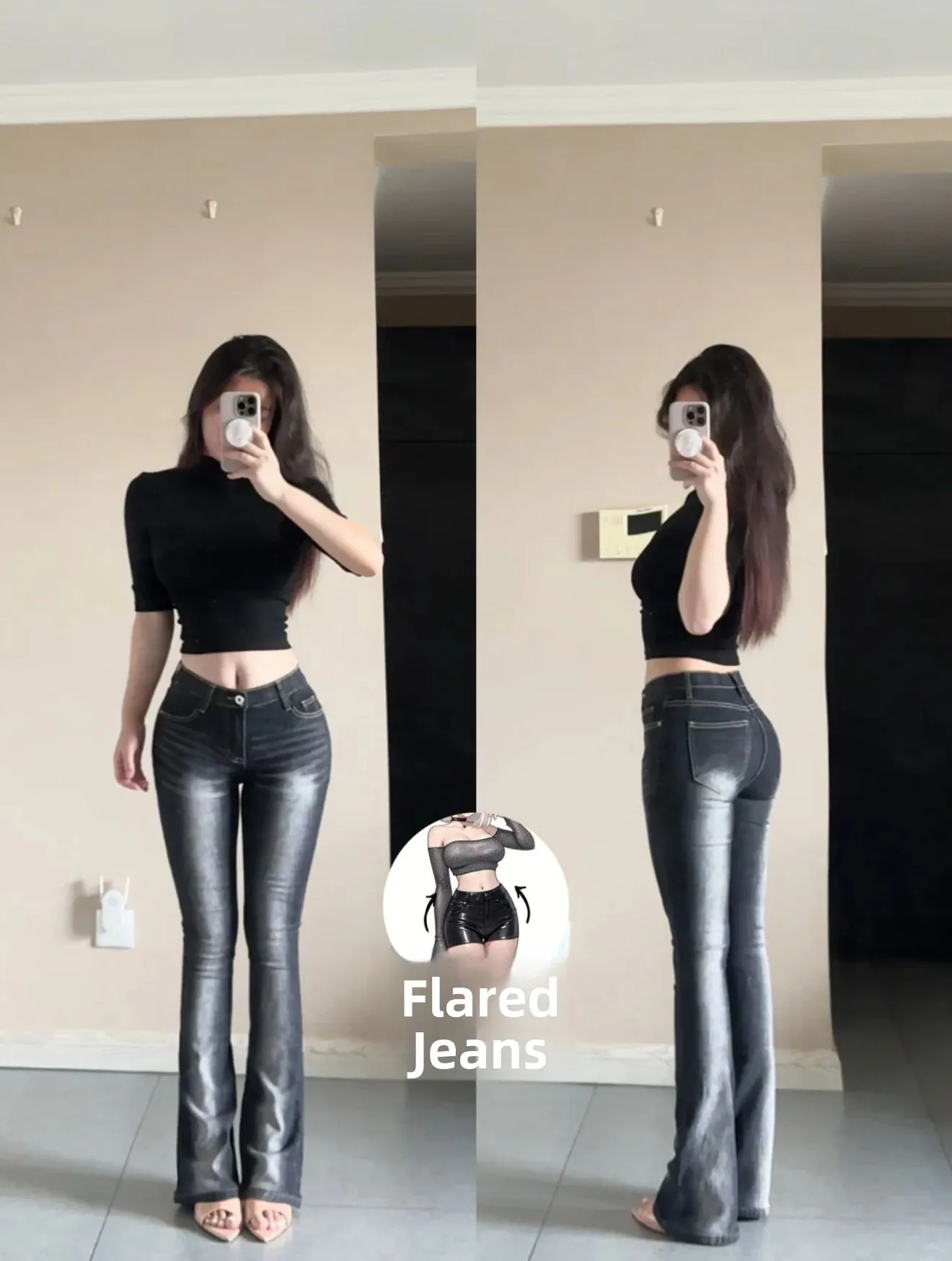 

Женские джинсы Slim Fit с высокой талией из эластичного хлопка, корейский стиль, расклешенные, с эффектом утяжки живота, длинные брюки-клеш