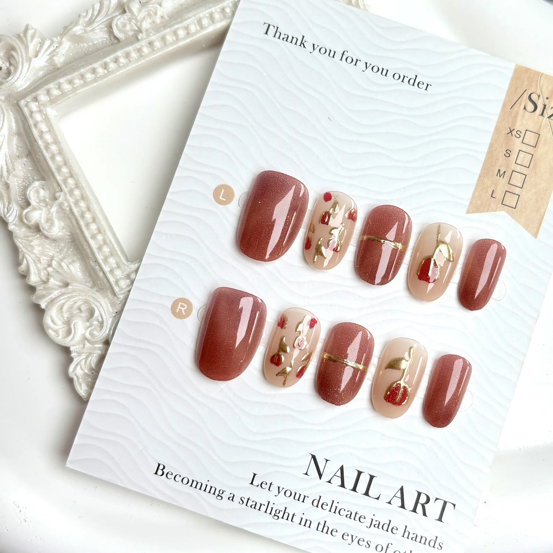 

10pcs Handmade Press On Nails Red Rose Flower French Fake Nail Tips Women Wearable Full Cover Cute Short False Nails