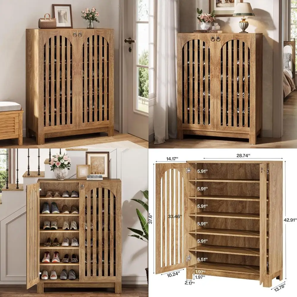 منظم تخزين الأحذية قابل للتعديل مكون من 6 طبقات مع أبواب مريحة لغرفة المعيشة، رف حديث موفر للمساحة