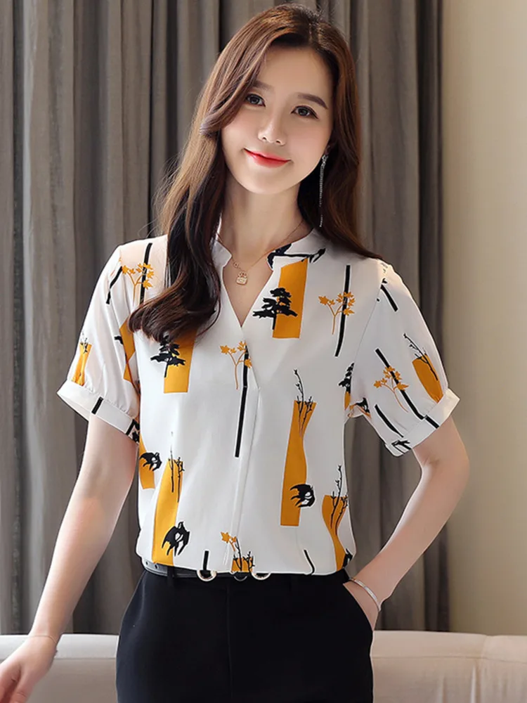 #3301 White Pink Printed Chiffon Blouse Women V-neck Vintage Office Short Sleeve Blouse Femme Loose Sexy France Style Summer