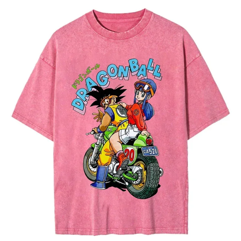 Harajuku Streetwear Men Fashion Oversized Vintage T Shirt Japanese Anime Dragon Ball Washed Tshirt Summer Cotton Pink Top Tees