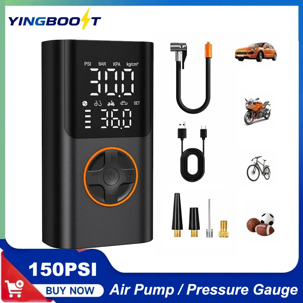 YINGBOOST Mini-Fahrradreifenpumpe, 150 PSI, Reifenfüller, Luftkompressor, kabellos, Luftpumpe für Auto mit Manometer, LED-Licht