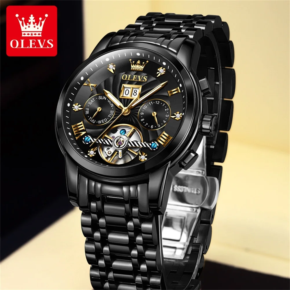 OLEVS 9910 Skeleton Flywheel Automatic Mechanical Wristwatch for Men Stainless Steel Waterproof Luminous Calendar Business Watch