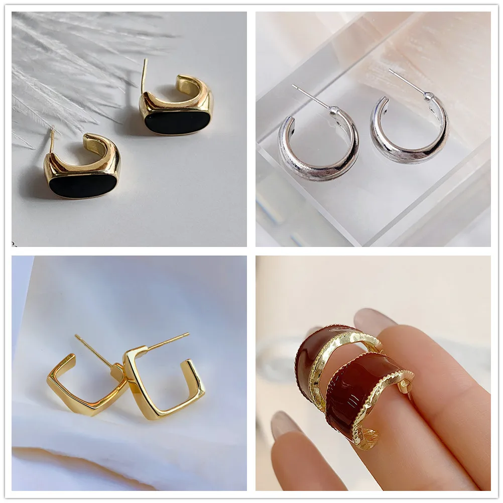 Personality Fashion C-Shape Drop Earrings for Women Punk Enamel Oil Square Print Floral Heart Earrings Geometry Golden Jewelry