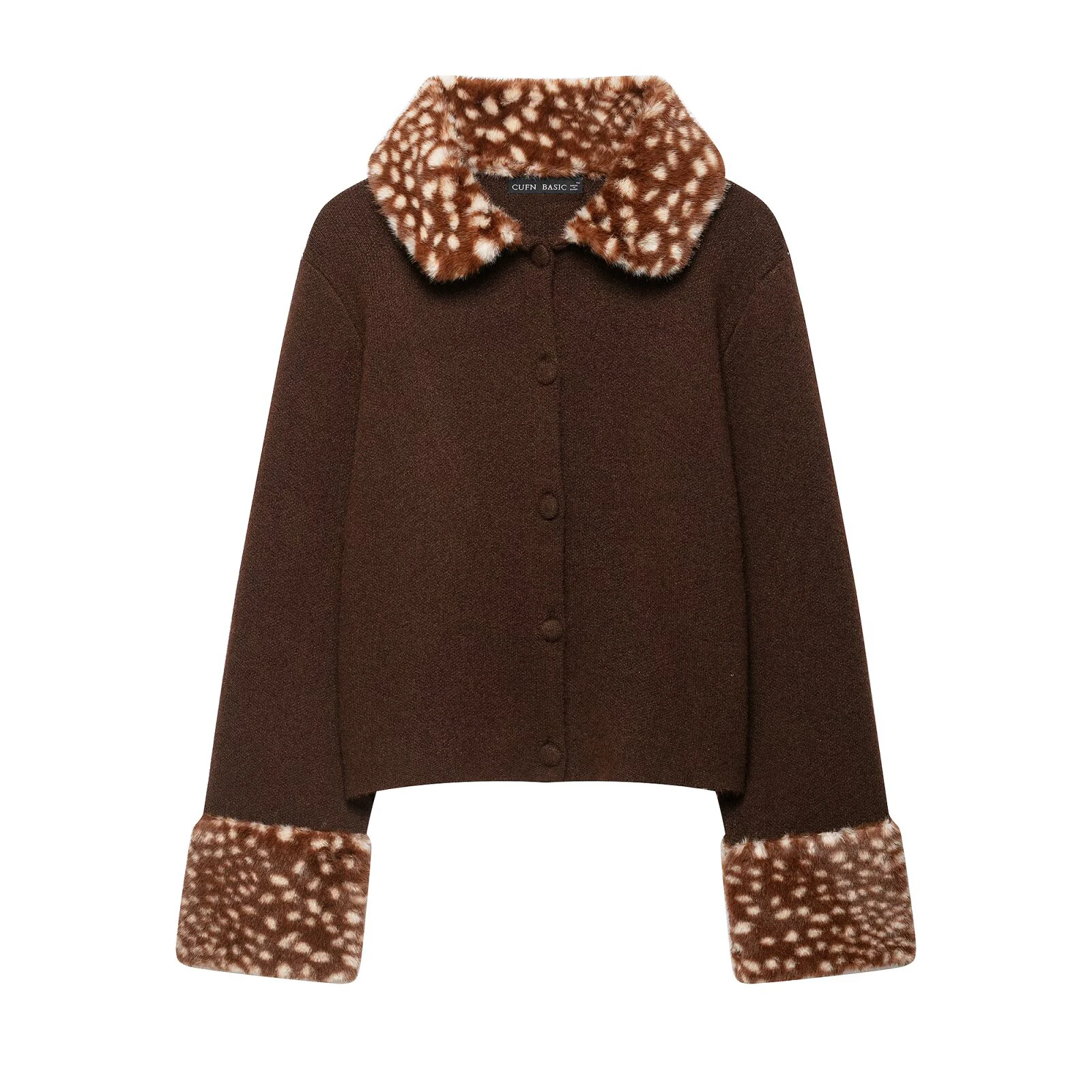 2026 Autumn New Product Women's Long Sleeve Artificial Fur Effect Splicing Collar Knitted Cardigan Coat