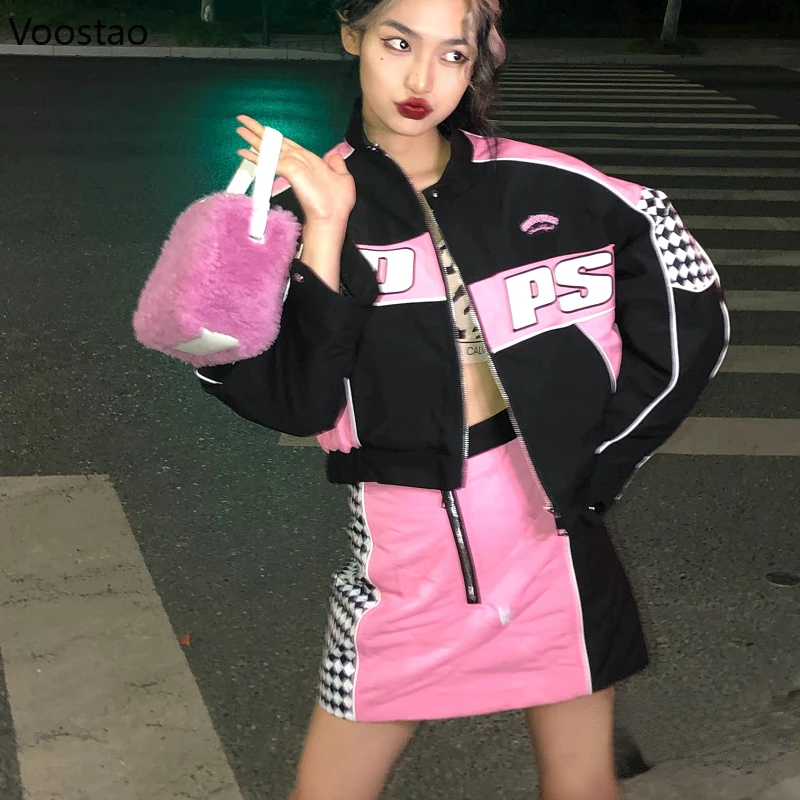 

Gothic Y2k Skirt Set Women Streetwear Moto Biker Jackets Suit Female Punk Checkerboard Letter Crop Coat Mini Skirts 2 Piece Set