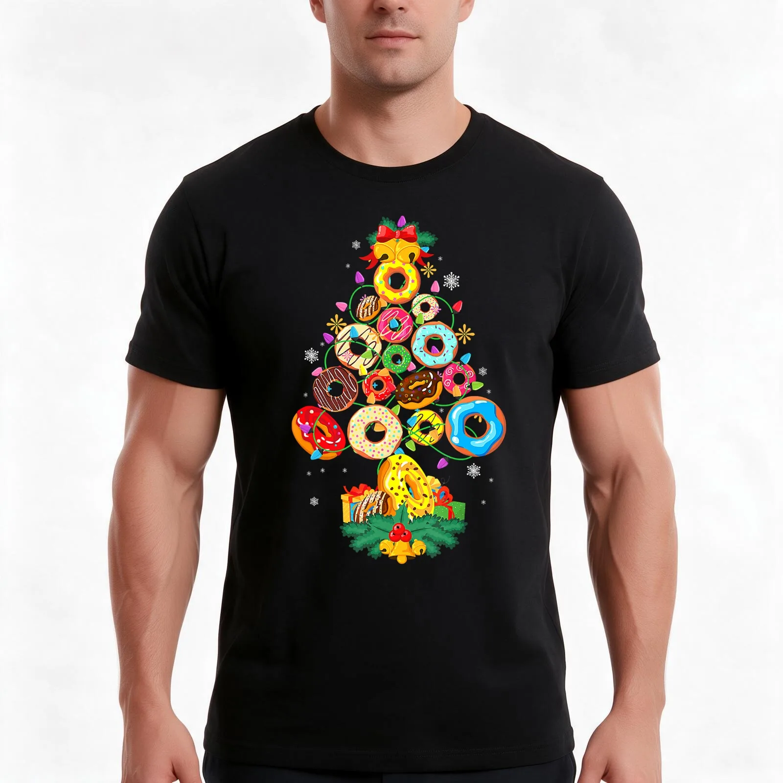 Donuts Xmas Tree Lighting Donuts Lovers Christmas T-Shirt, Summer Casual Cotton Tee, Oversized Streetwear Tops, Unisex Men Women