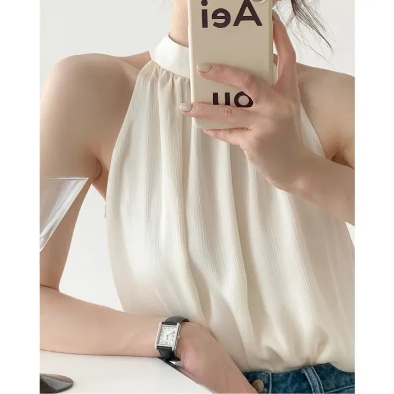 

Chic Office Lady Sleeveless Chiffon Shirt Turtleneck Halter Blouse Summer White Black Tops Brands Tank Tops Women's Clothing New