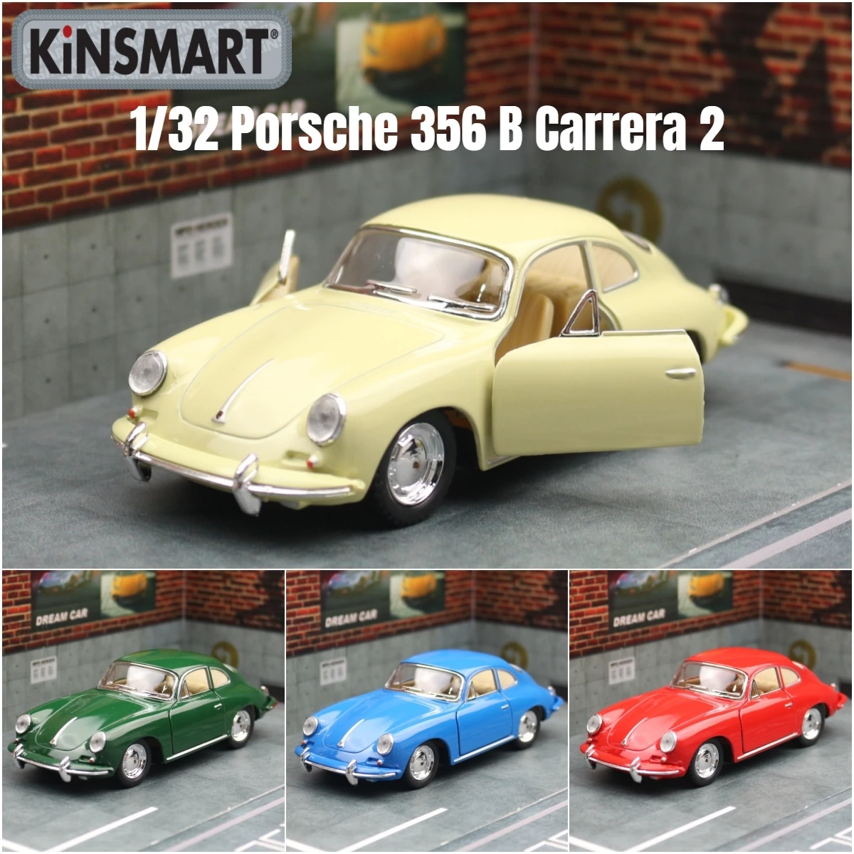 KiNSMART Toy Car Model 1/32 Porsche 356 B Carrera 2 Classical Diecast Miniature Vehicle Collection Gift For Children Boys Kid